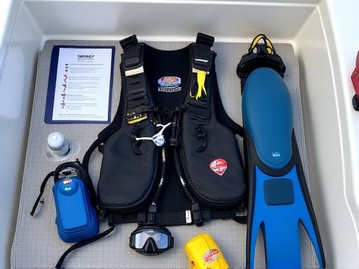 Diving gear laid out on a boat deck, ready for inspection
